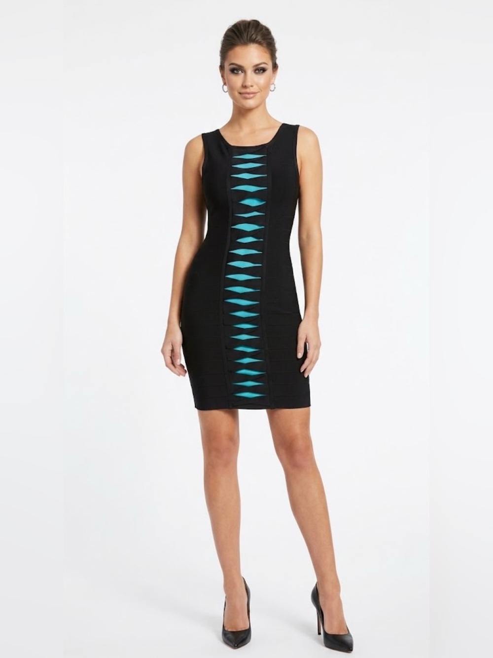 Guess by Marciano XS Black Turquoise Cutout Bandage Bodycon Dress